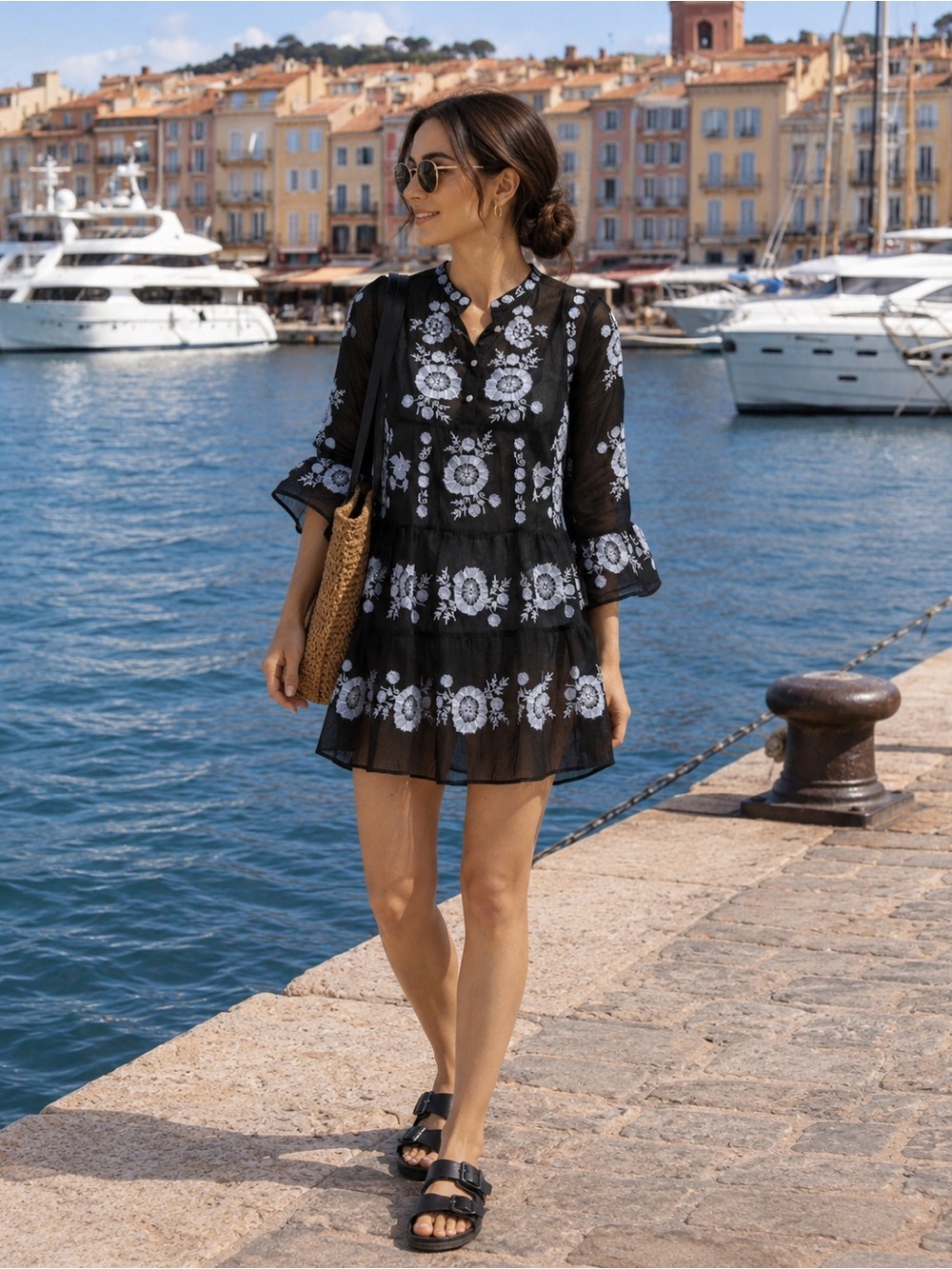 PQ Swim Embroidered Black White Sheer Cover Up Mini Dress XS/S
